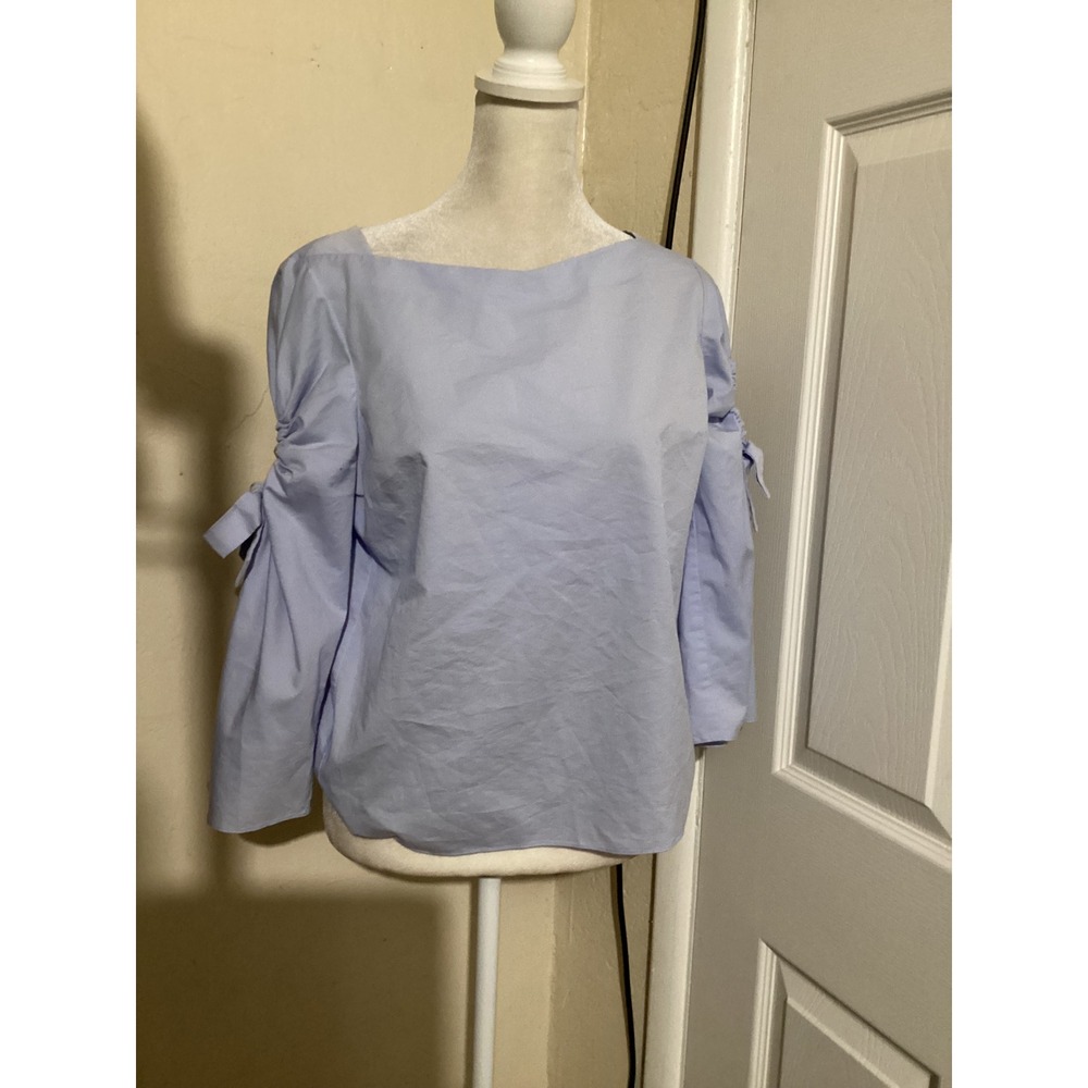 Elie Tahari Womens Blue Ruched Tie Cut Out Sleeve Boat Neck Poplin Blouse Top